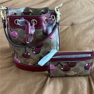 Coach Cherry Print Mini Bucket Bag and Card Holder - Red and Brown
